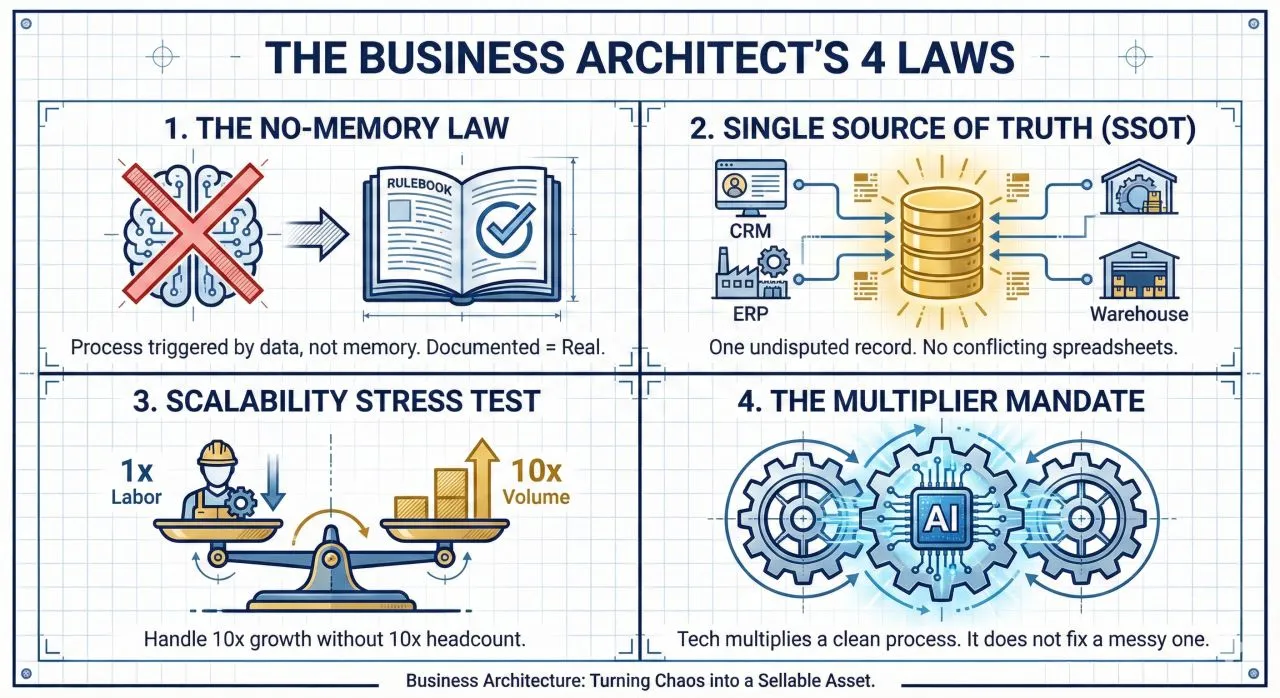A blueprint matrix illustrating the Business Architect's 4 Laws. Quadrant 1, The No-Memory Law, crosses out a human brain to point to a documented rulebook. Quadrant 2, Single Source of Truth (SSOT), maps data streams from CRM, ERP, and Warehouse directly to a central database node. Quadrant 3, Scalability Stress Test, balances a 10x volume scale against 1x labor overhead. Quadrant 4, The Multiplier Mandate, features interlocking system gears driven by an AI core.